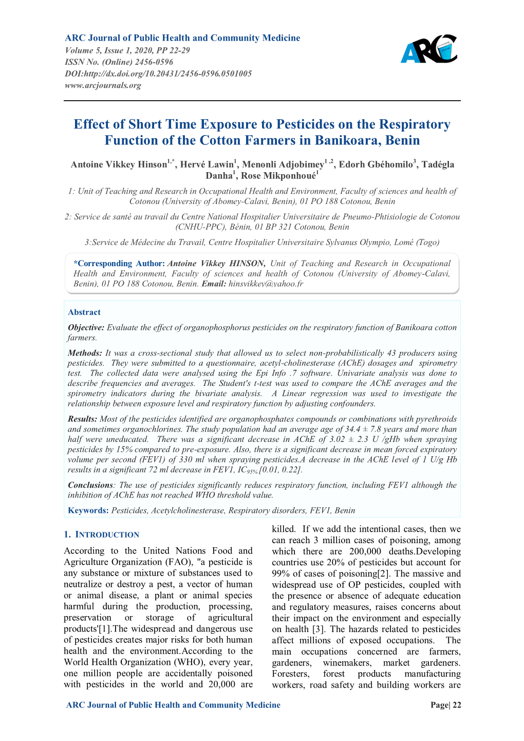 Effect of Short Time Exposure to Pesticides on the Respiratory Function of the Cotton Farmers in Banikoara, Benin