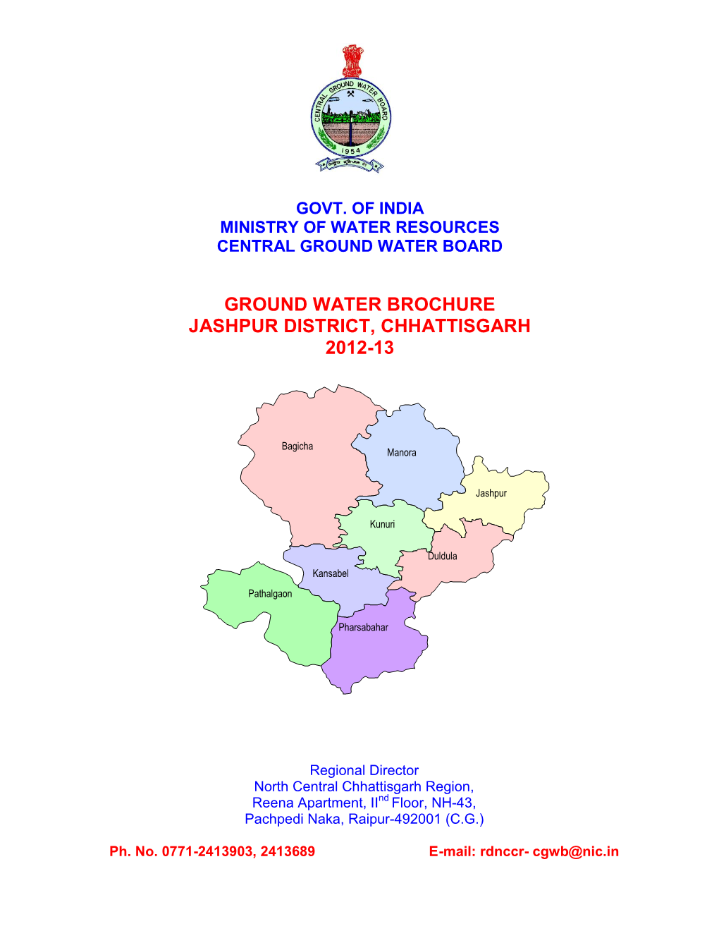 Ground Water Brochure Jashpur District, Chhattisgarh 2012-13