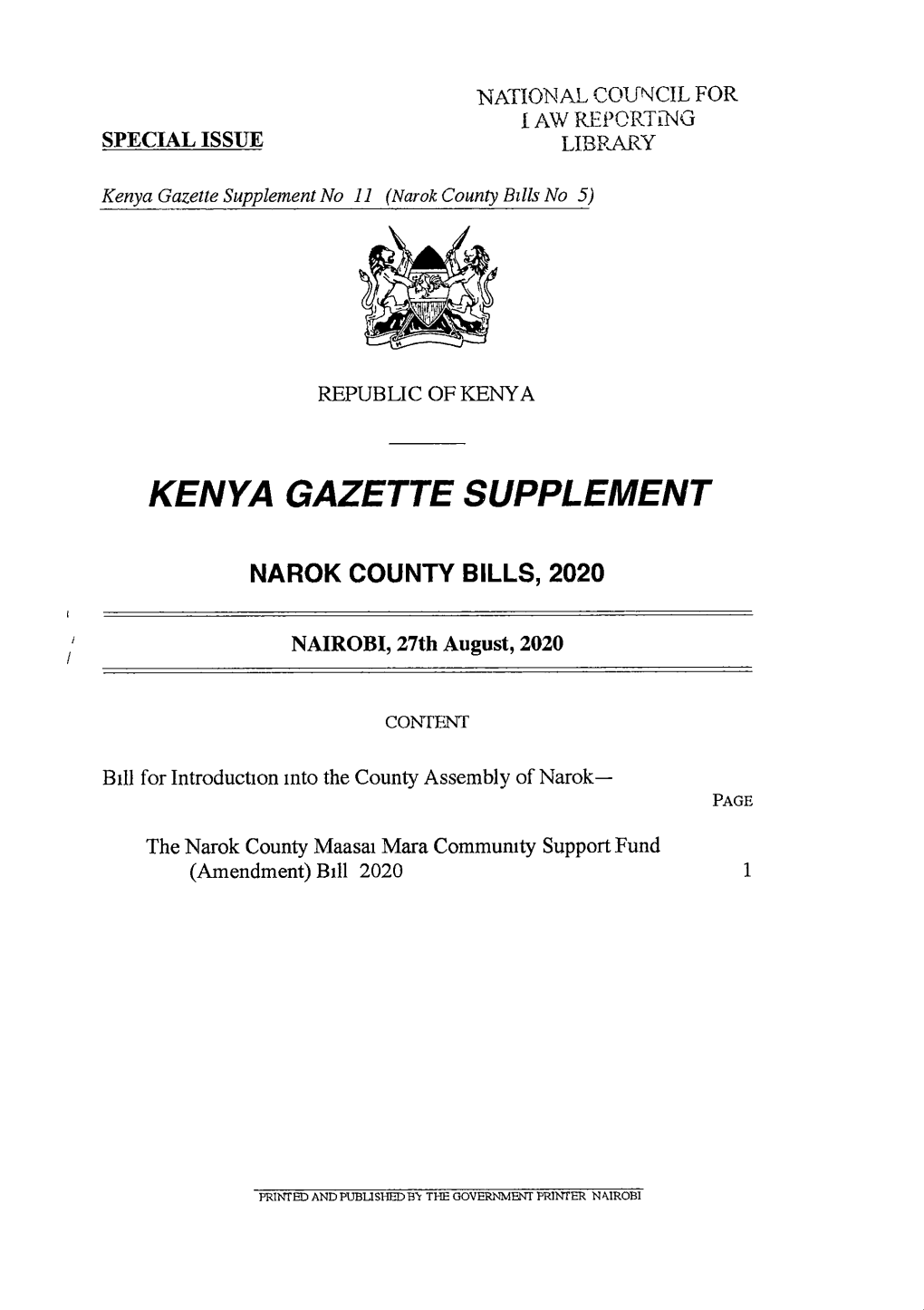 Narok County Maasai Mara Community Support Fund (Amendment)Bill 2020 1