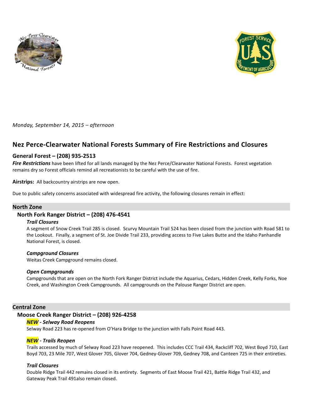 Nez Perce-Clearwater National Forests Summary of Fire Restrictions and Closures