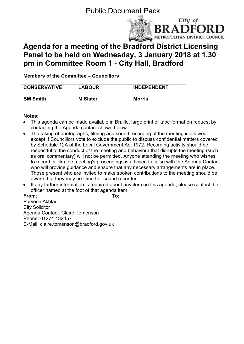 (Public Pack)Agenda Document for Bradford District Licensing Panel