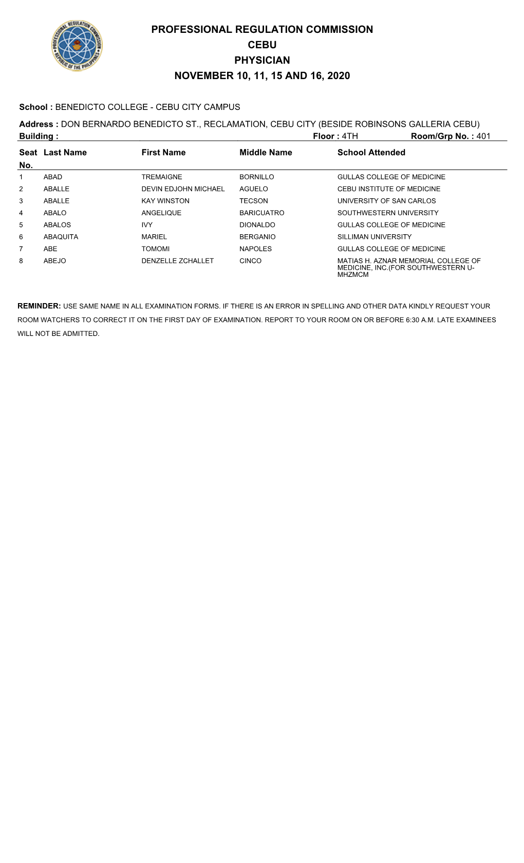 Professional Regulation Commission Cebu Physician November 10, 11, 15 and 16, 2020