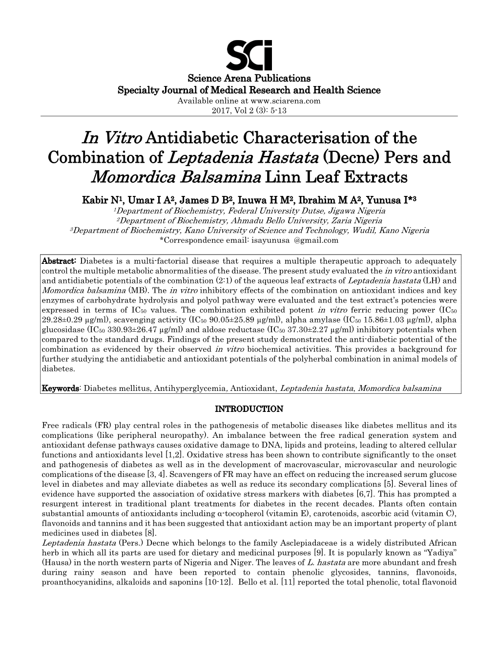 Combination of Leptadenia Hastata (Decne) Pers and Momordica Balsamina Linn Leaf Extracts