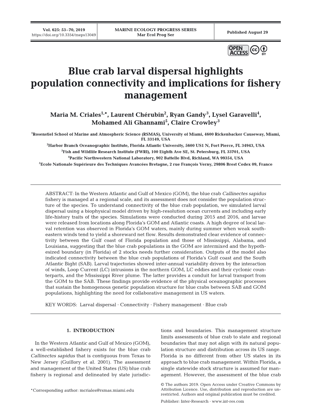Blue Crab Larval Dispersal Highlights Population Connectivity and Implications for Fishery Management