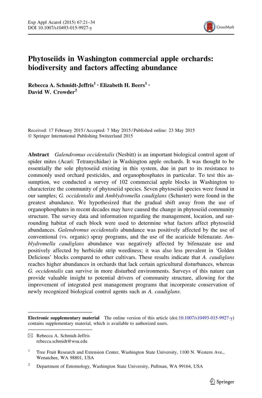 Phytoseiids in Washington Commercial Apple Orchards: Biodiversity and Factors Affecting Abundance