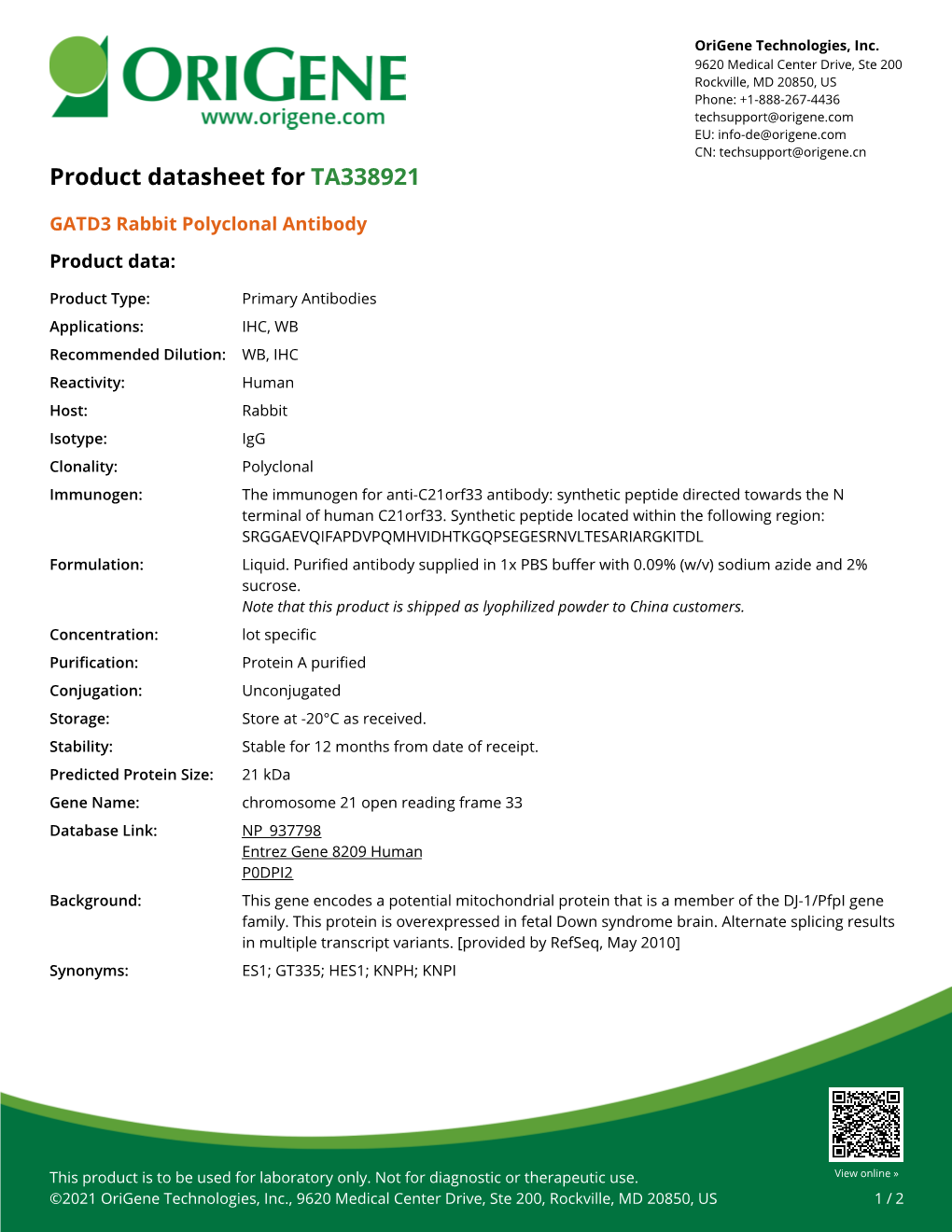 GATD3A Rabbit Polyclonal Antibody – TA338921 | Origene