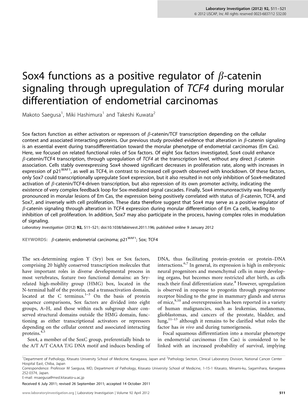 Sox4 Functions As a Positive Regulator of &Beta