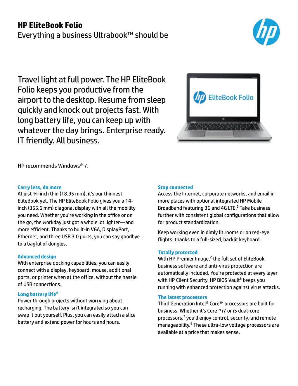 HP Elitebook Folio Everything a Business Ultrabook™ Should Be