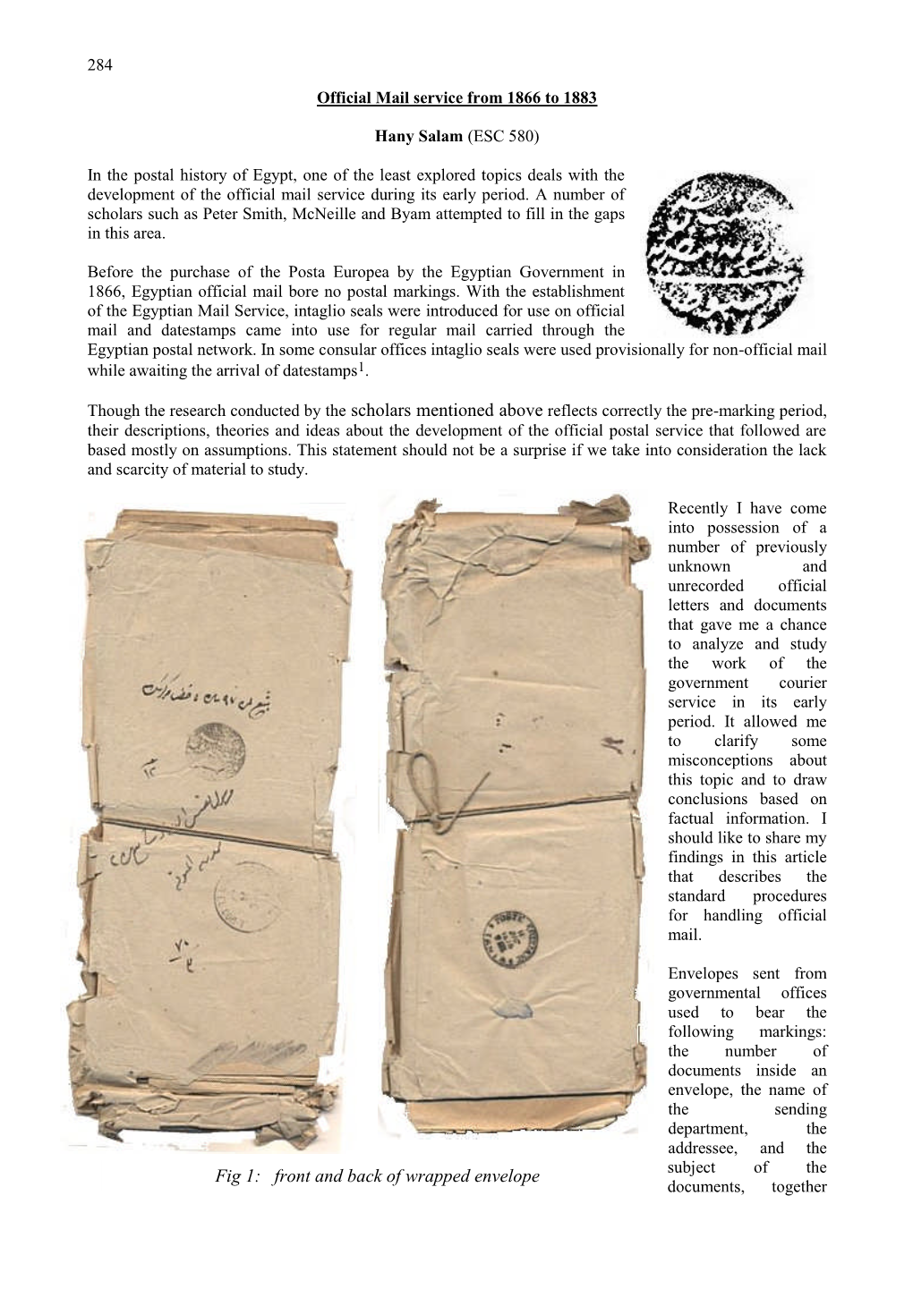 Fig 1: Front and Back of Wrapped Envelope Subject of the Documents, Together 285 with Its Archival Index
