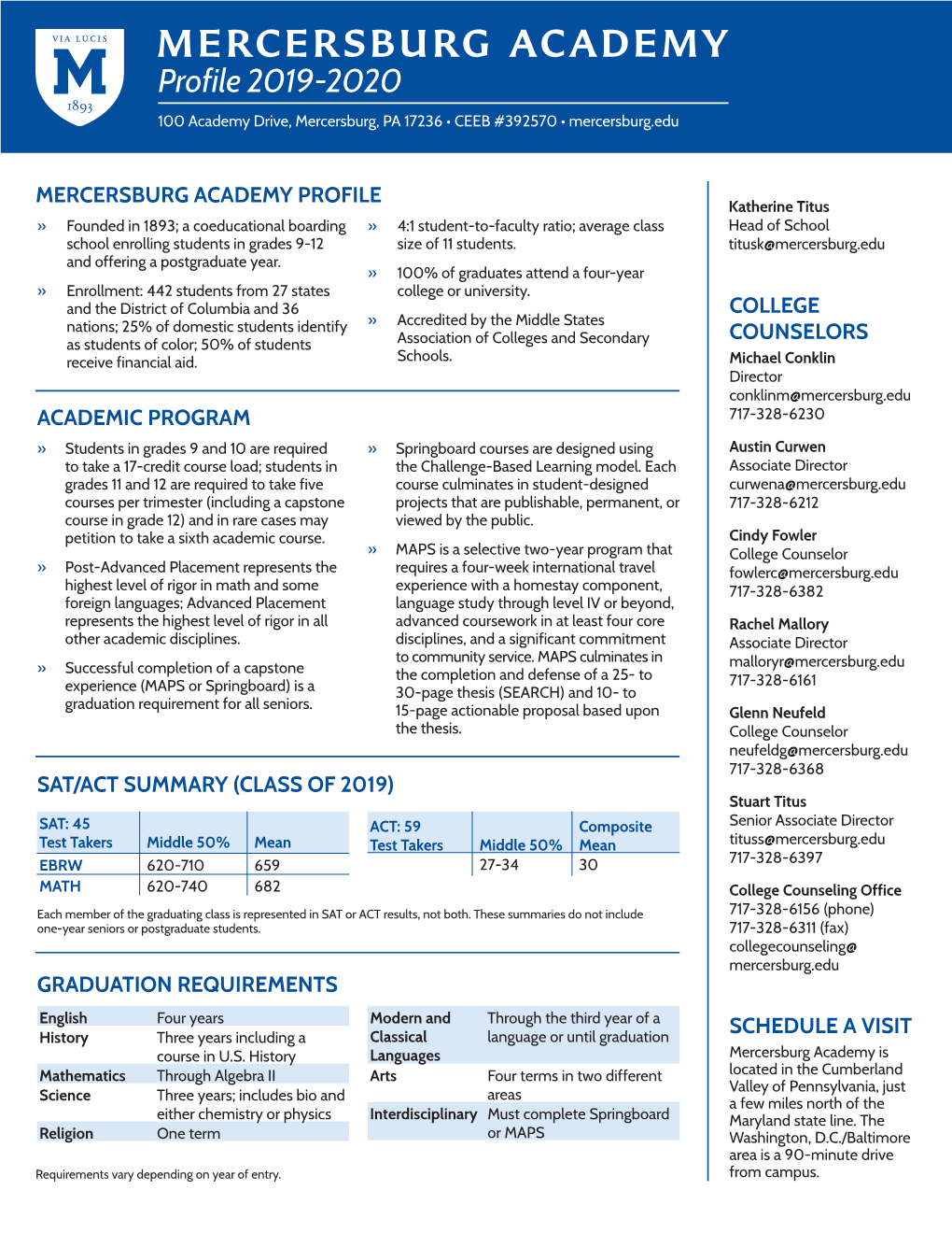 Profile 2019-2020 100 Academy Drive, Mercersburg, PA 17236 • CEEB #392570 • Mercersburg.Edu