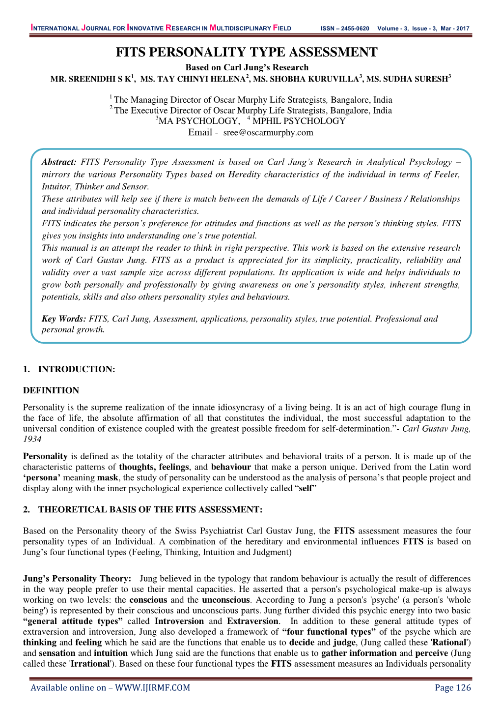 FITS PERSONALITY TYPE ASSESSMENT Based on Carl Jung’S Research MR