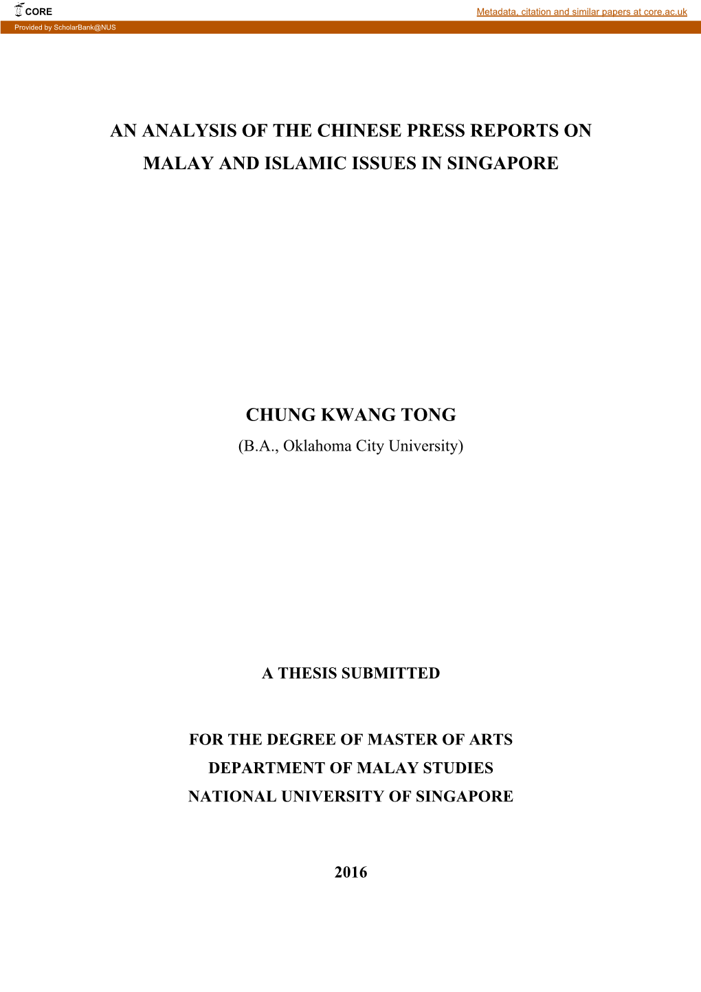 An Analysis of the Chinese Press Reports on Malay and Islamic Issues in Singapore