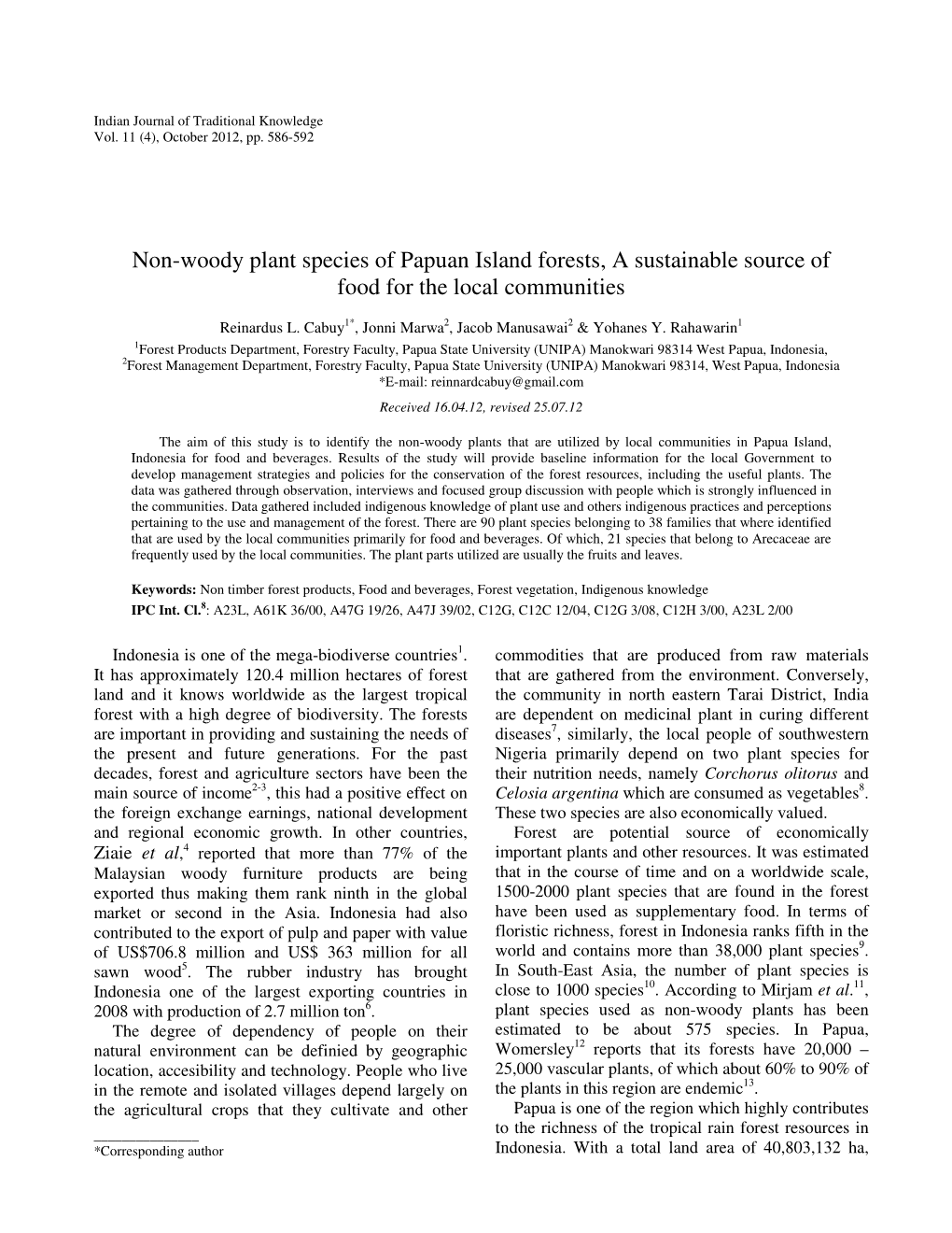 Non-Woody Plant Species of Papuan Island Forests, a Sustainable Source of Food for the Local Communities