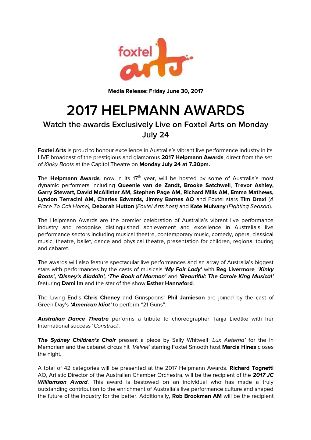 2017 HELPMANN AWARDS Watch the Awards Exclusively Live on Foxtel Arts on Monday July 24