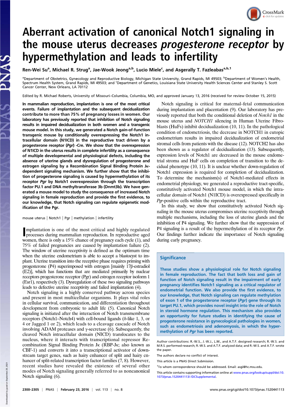 Aberrant Activation of Canonical Notch1 Signaling in the Mouse Uterus Decreases Progesterone Receptor by Hypermethylation and Leads to Infertility