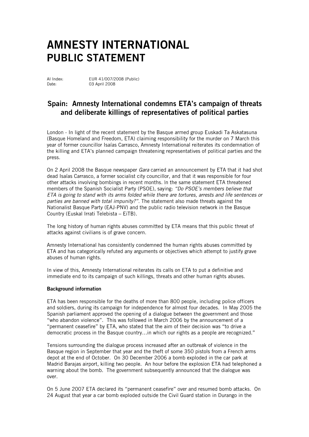 Amnesty International Condemns ETA's Campaign of Threats And