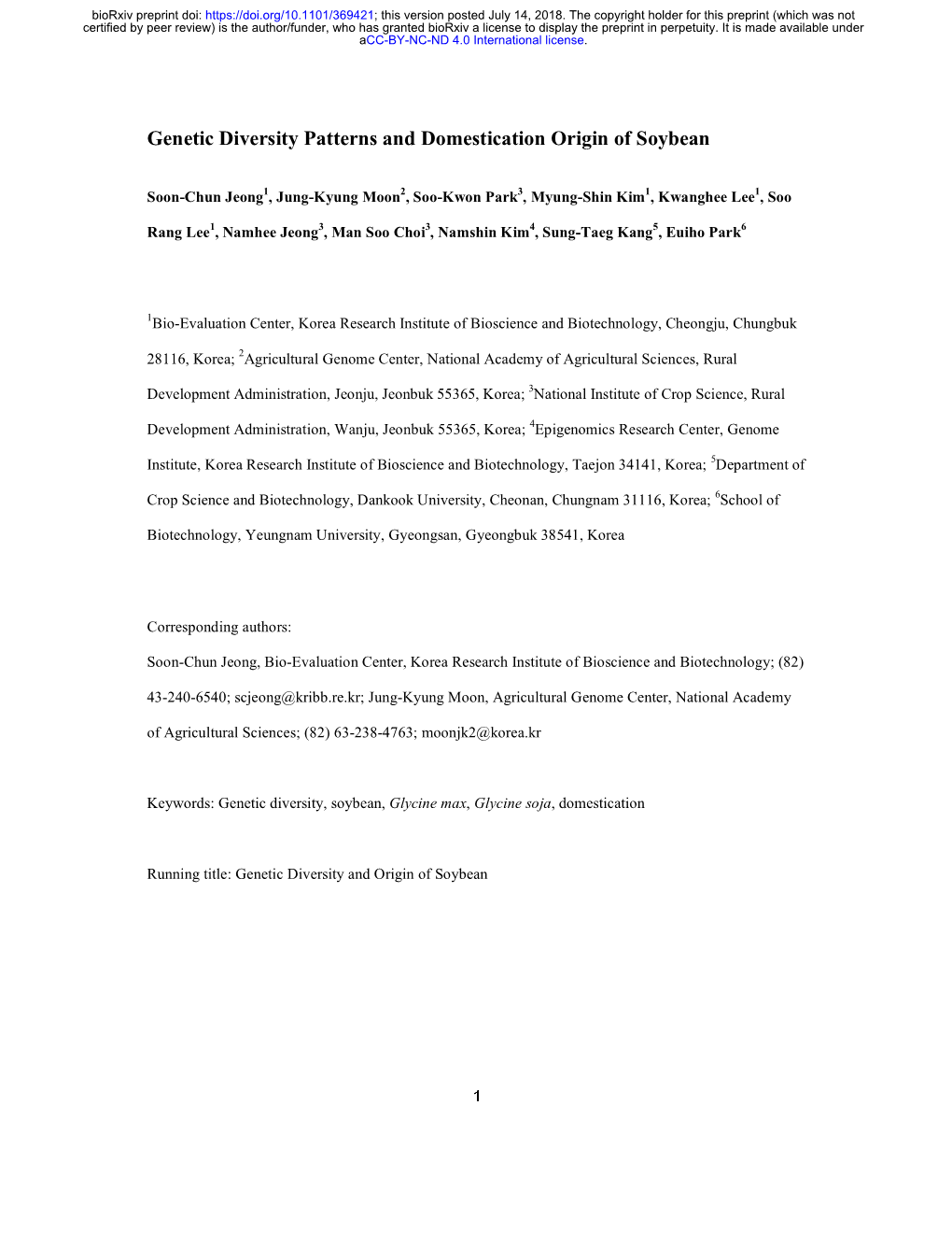 Genetic Diversity Patterns and Domestication Origin of Soybean