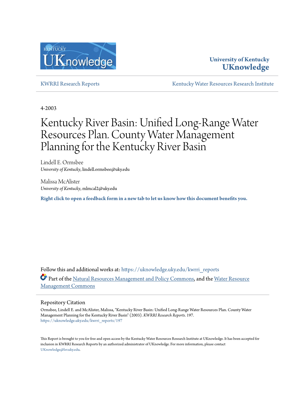 Kentucky River Basin: Unified Long-Range Water Resources Plan