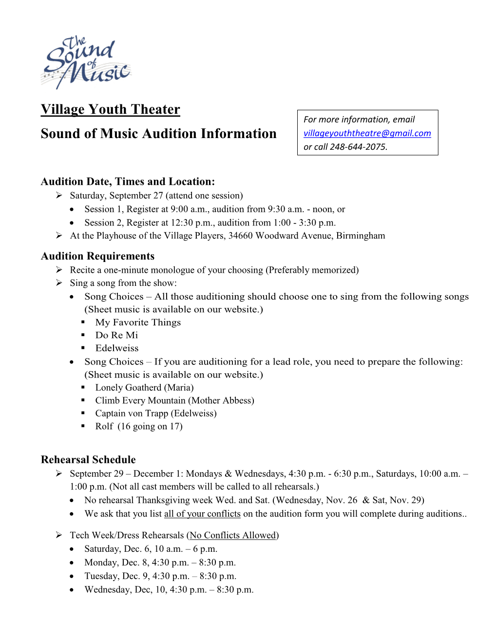 Village Youth Theater Sound of Music Audition Information