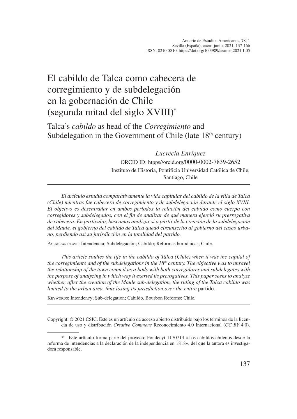 El Cabildo De Talca Como Cabecera De Corregimiento Y De Subdelegación