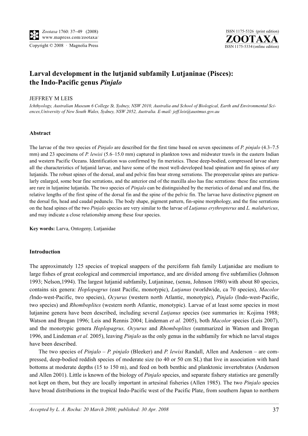 Zootaxa, Larval Development in the Lutjanid Subfamily