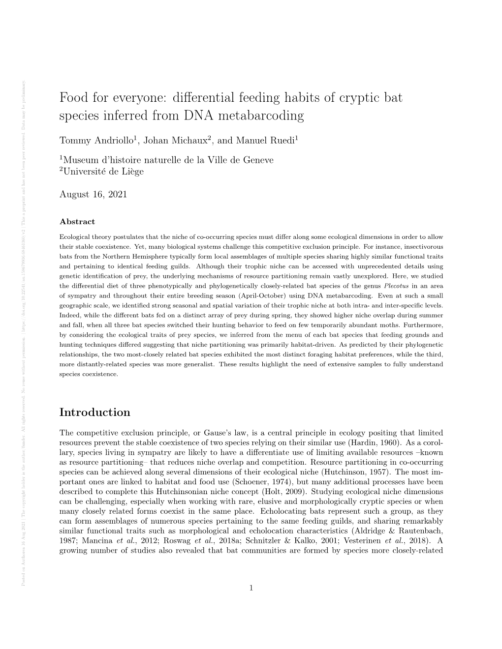 Differential Feeding Habits of Cryptic Bat Species Inferred From