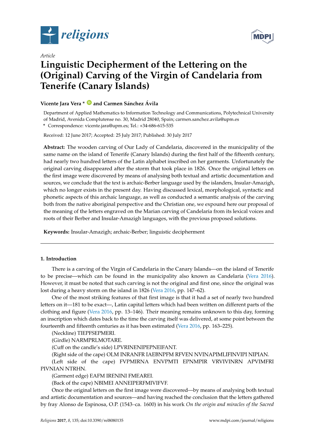 Linguistic Decipherment of the Lettering on the (Original) Carving of the Virgin of Candelaria from Tenerife (Canary Islands)