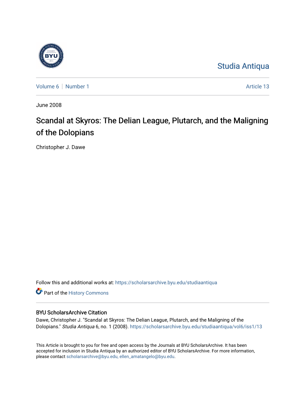 Scandal at Skyros: the Delian League, Plutarch, and the Maligning of the Dolopians