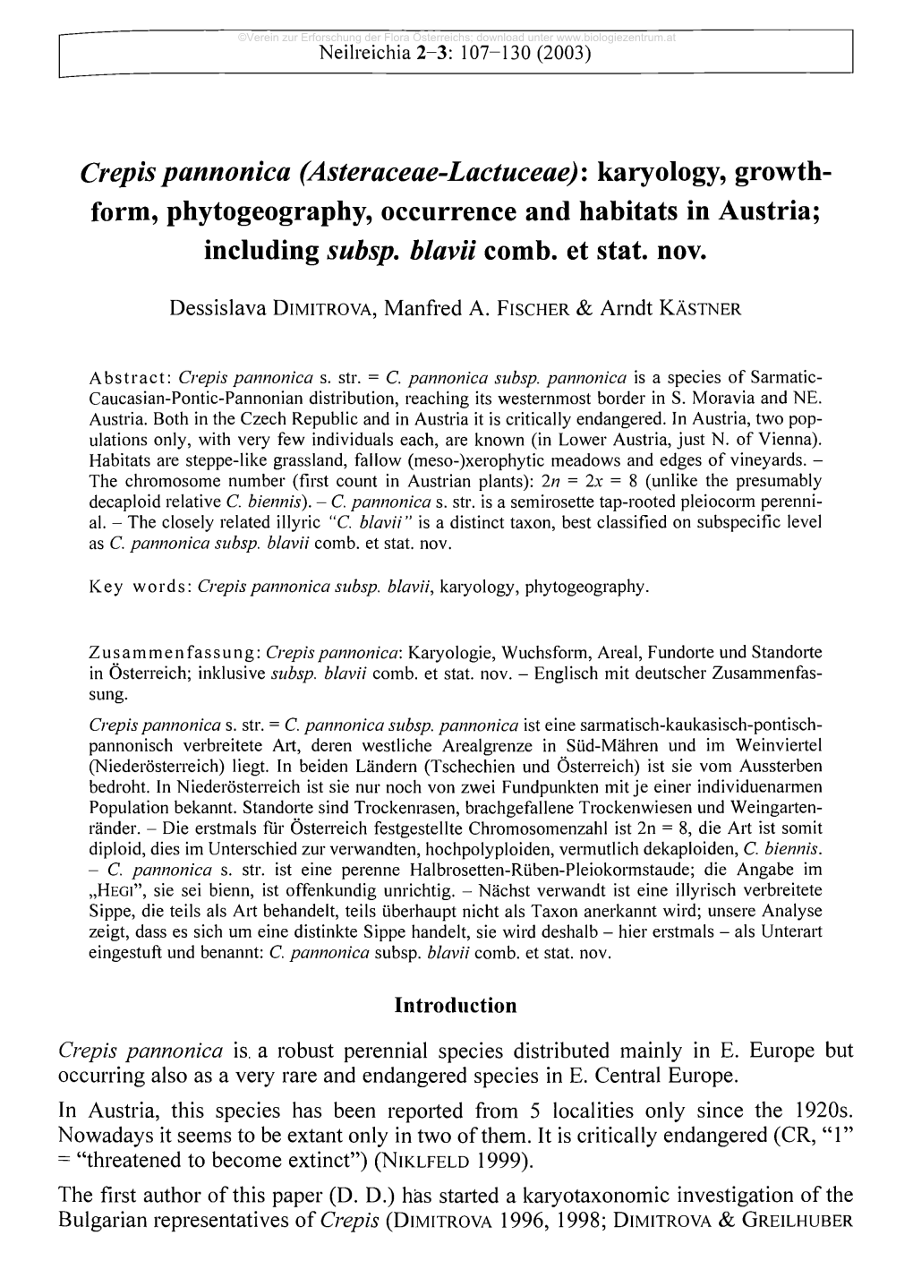 Crepis Pannonica (Asteraceae-Lactuceae): Karyology, Growth- Form, Phytogeography, Occurrence and Habitats in Austria; Including Subsp