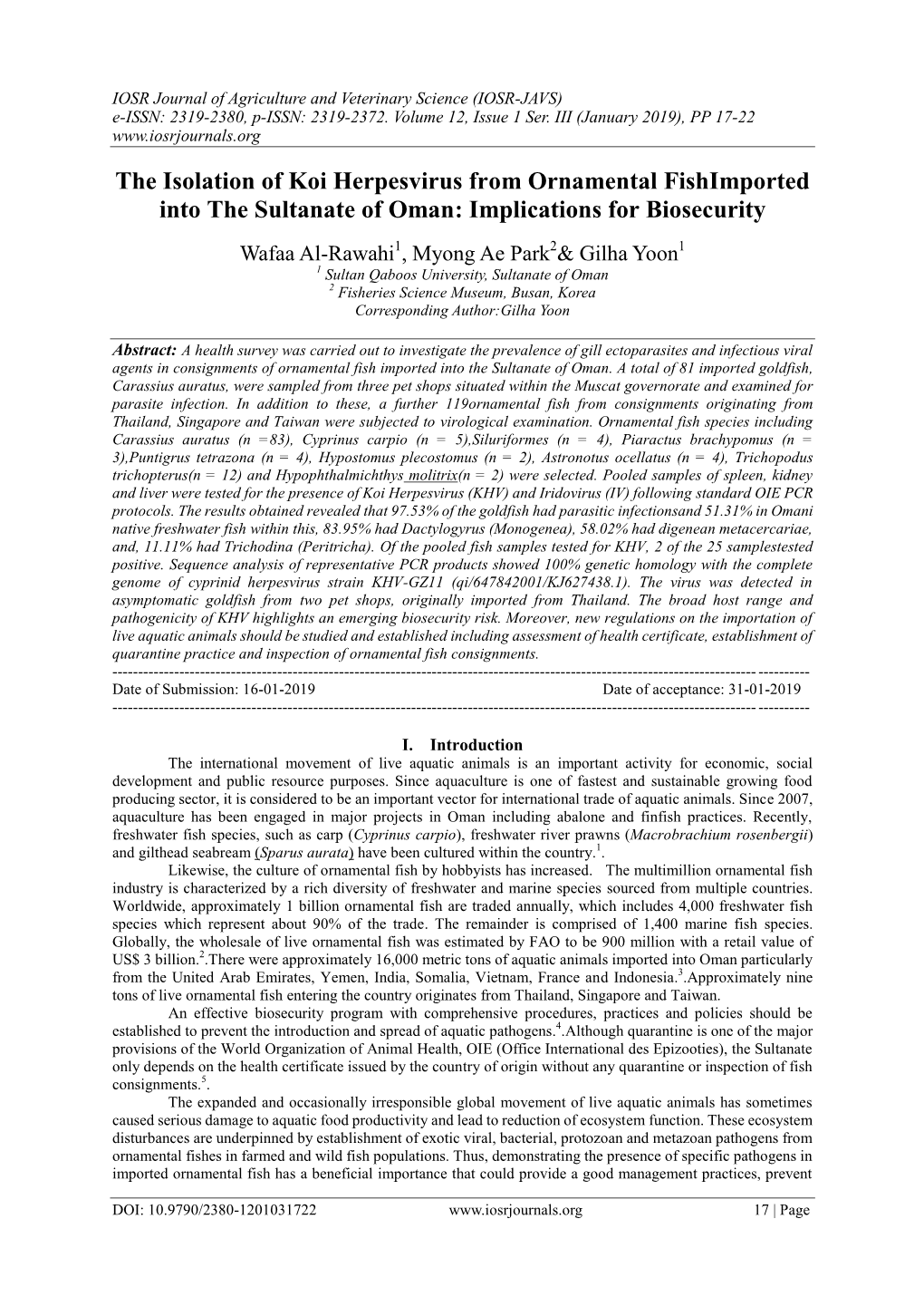 The Isolation of Koi Herpesvirus from Ornamental Fishimported Into the Sultanate of Oman: Implications for Biosecurity