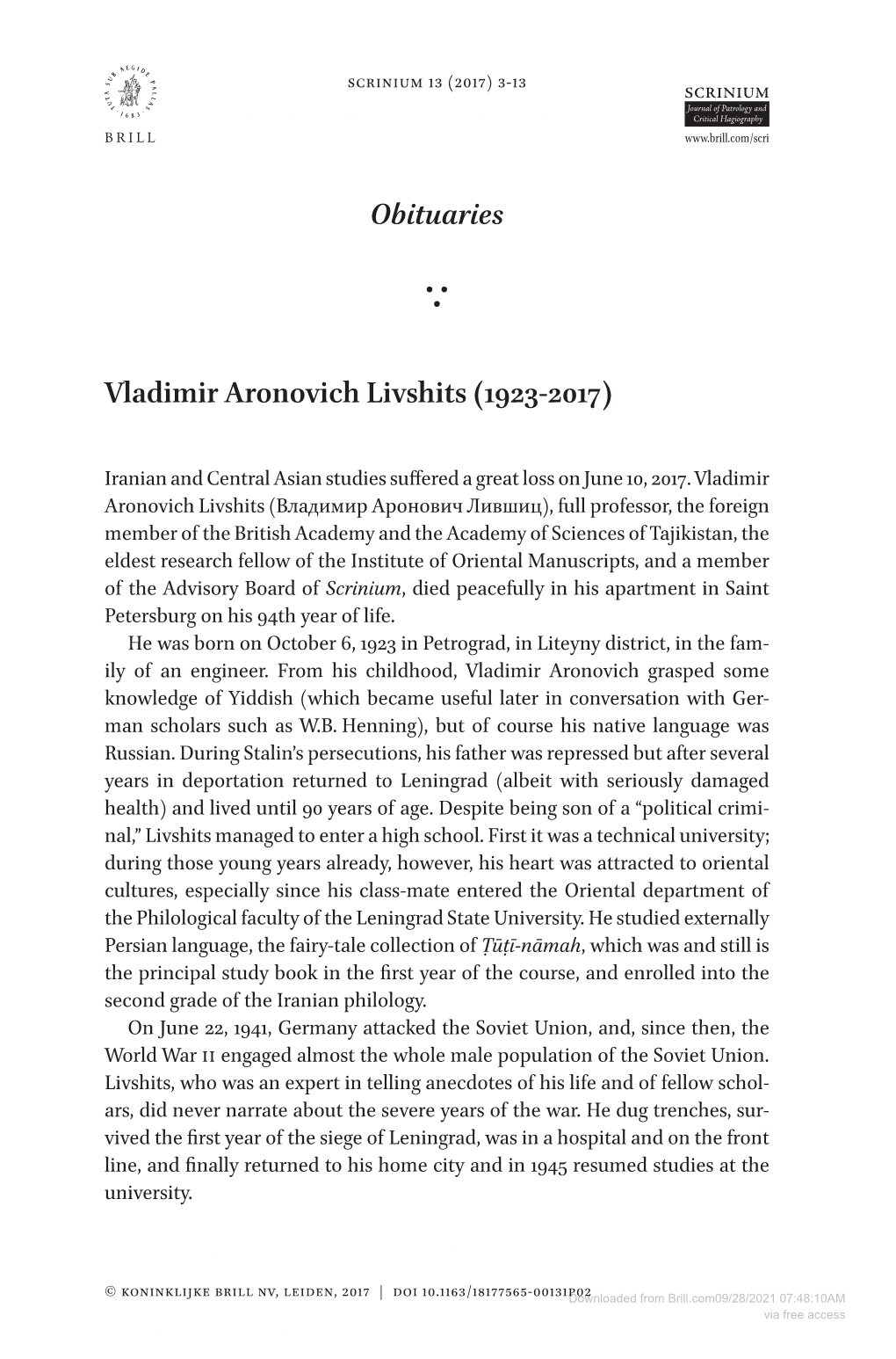 Obituaries Vladimir Aronovich Livshits