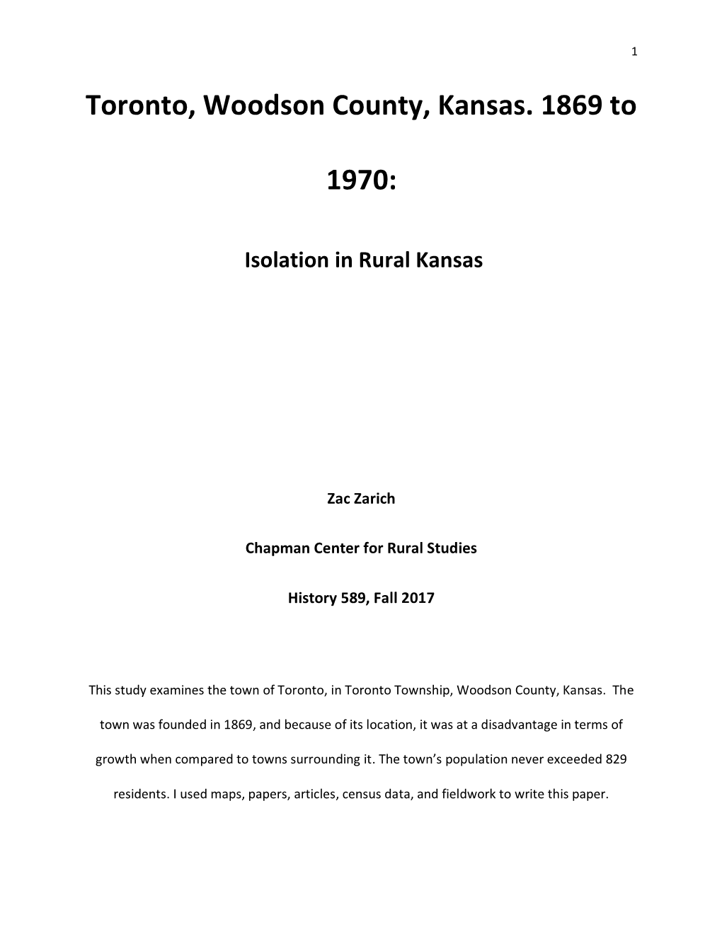 Toronto, Woodson County, Kansas. 1869 to 1970