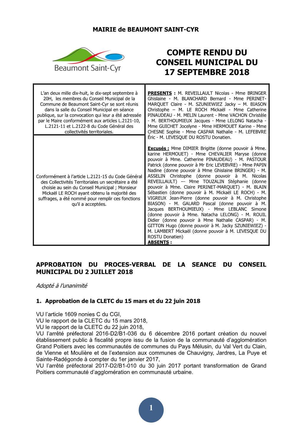 1 Compte Rendu Du Conseil Municipal Du 17 Septembre