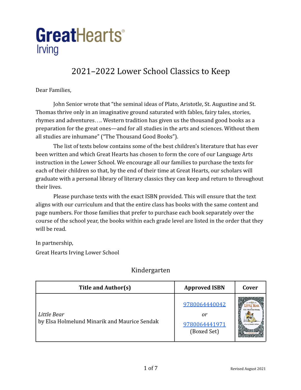 2021-2022 Lower School Classics to Keep