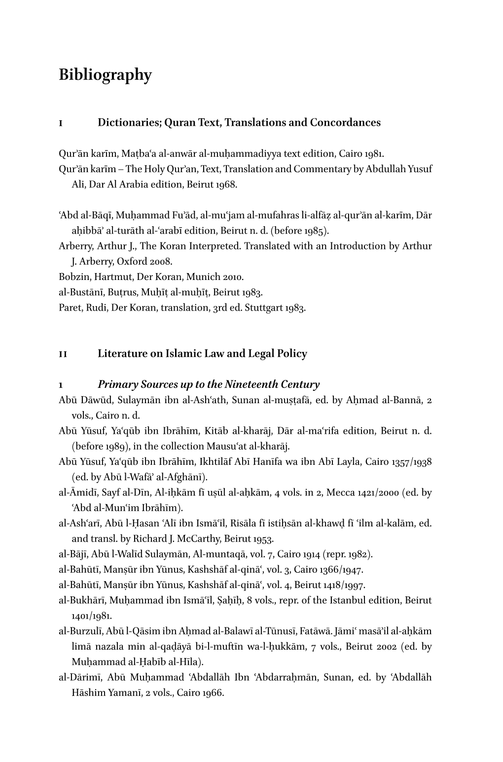 Bibliography I Dictionaries; Quran Text, Translations and Concordances