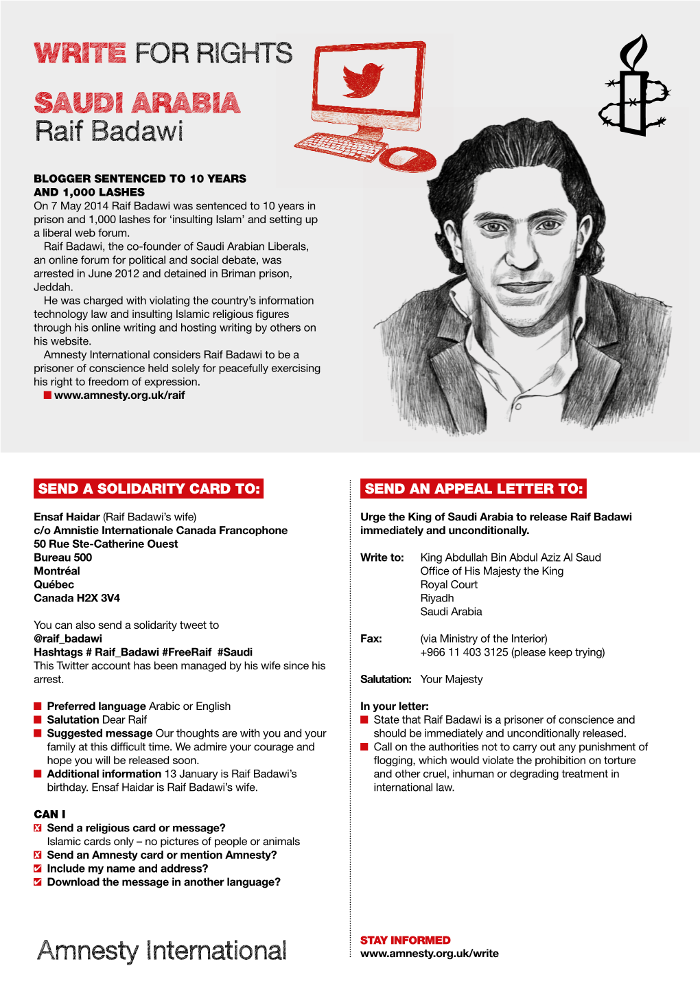 WRITE for RIGHTS SAUDI ARABIA Raif Badawi