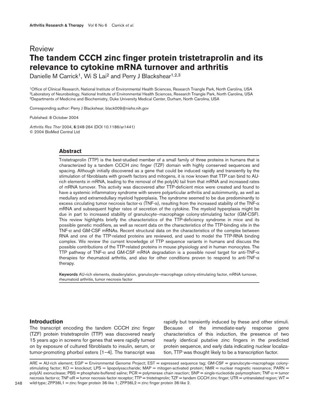 The Tandem CCCH Zinc Finger Protein Tristetraprolin and Its Relevance To