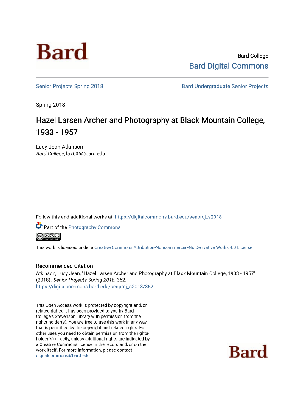 Hazel Larsen Archer and Photography at Black Mountain College, 1933 - 1957