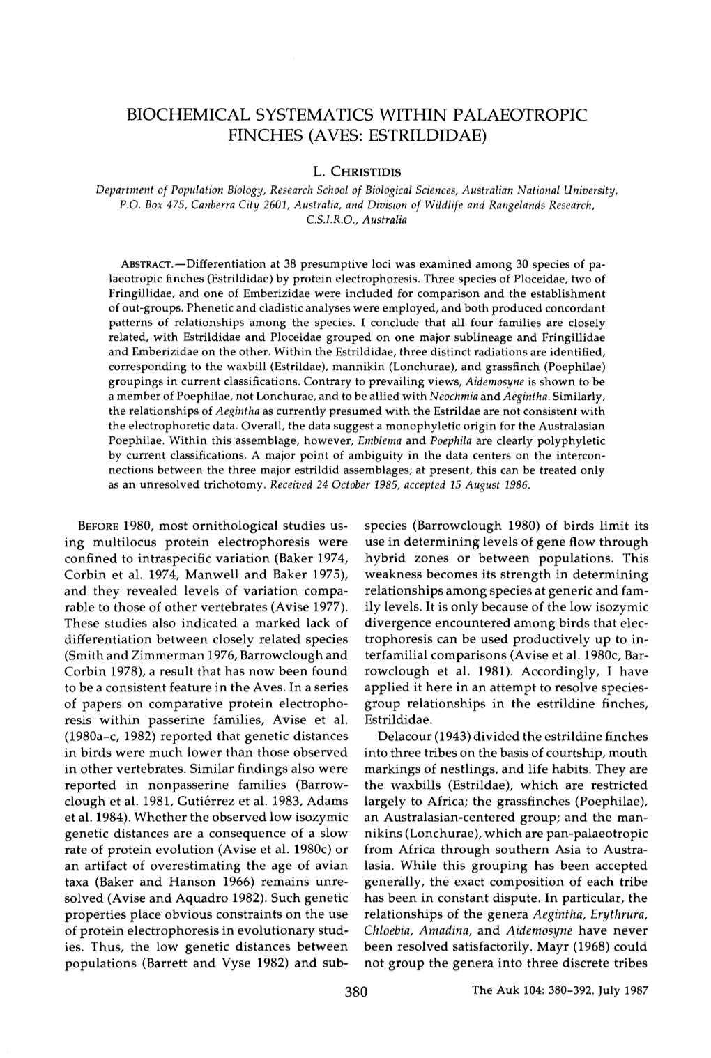 Biochemical Systematics Within Palaeotropic Finches (Aves: Estrildidae)