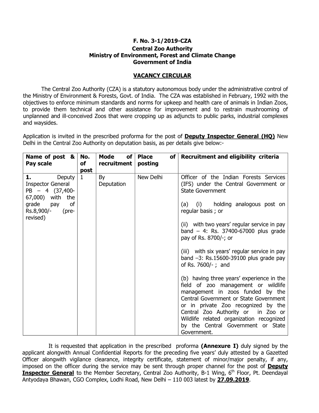 F. No. 3-1/2019-CZA Central Zoo Authority Ministry of Environment, Forest and Climate Change Government of India VACANCY CIRCULA