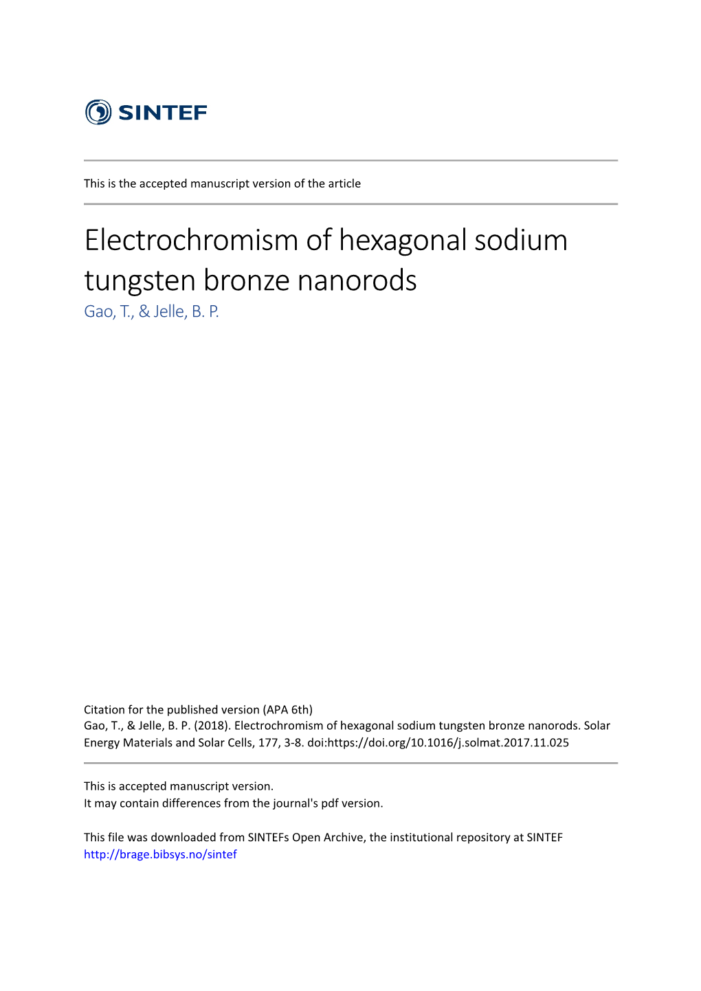 Electrochromism of Hexagonal Sodium Tungsten Bronze Nanorods Gao, T., & Jelle, B