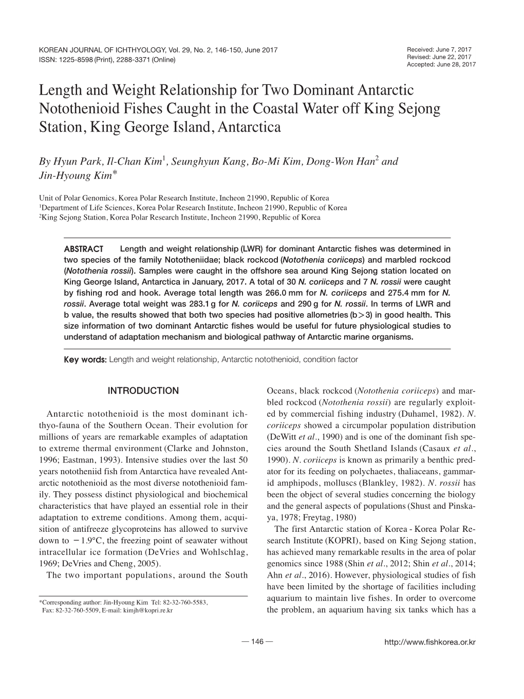 Length and Weight Relationship for Two Dominant Antarctic Notothenioid Fishes Caught in the Coastal Water Off King Sejong Station, King George Island, Antarctica