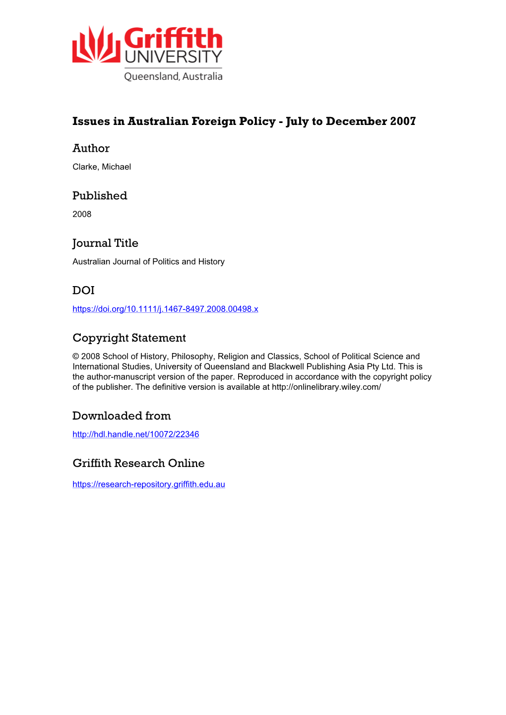 Issues in Australian Foreign Policy - July to December 2007