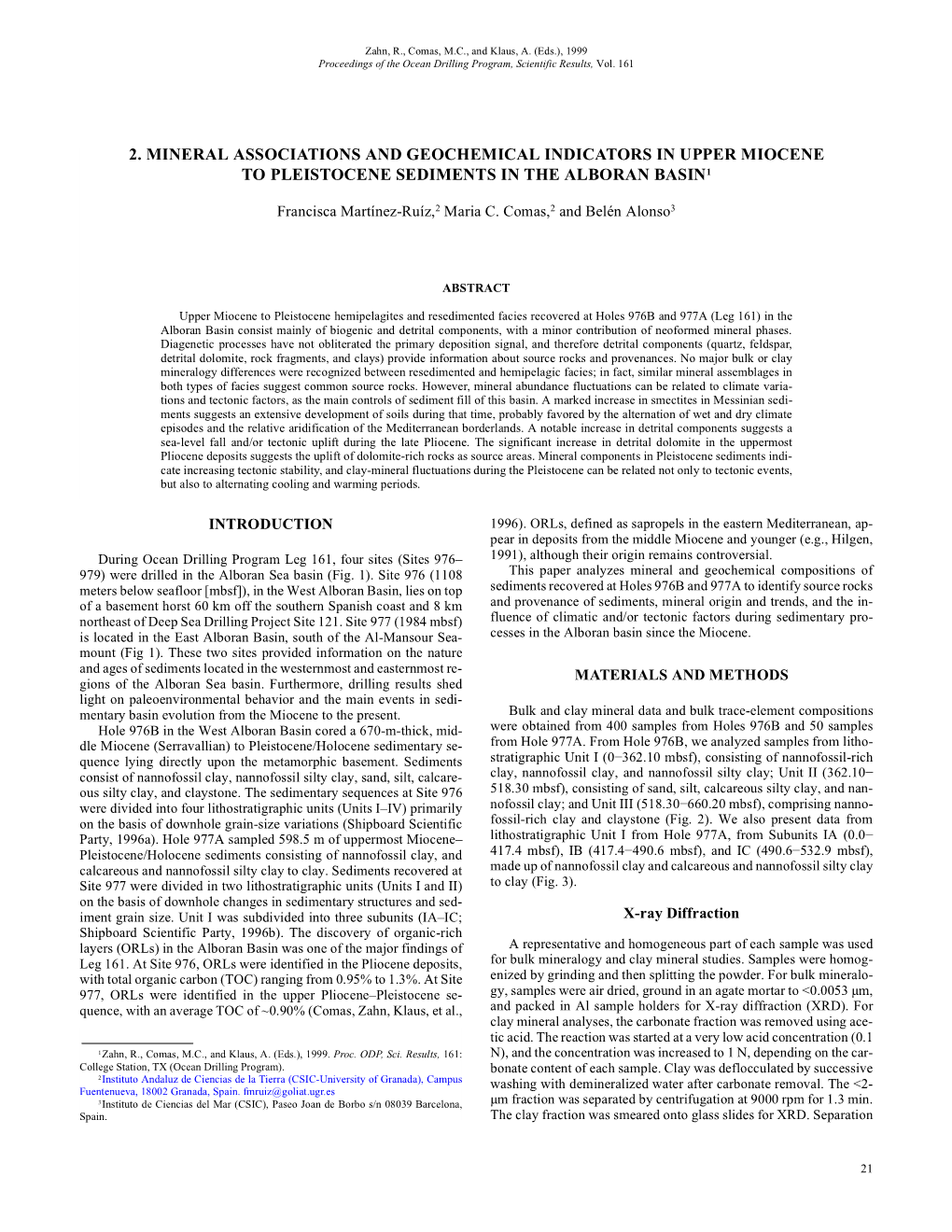 2. Mineral Associations and Geochemical Indicators in Upper Miocene to Pleistocene Sediments in the Alboran Basin1