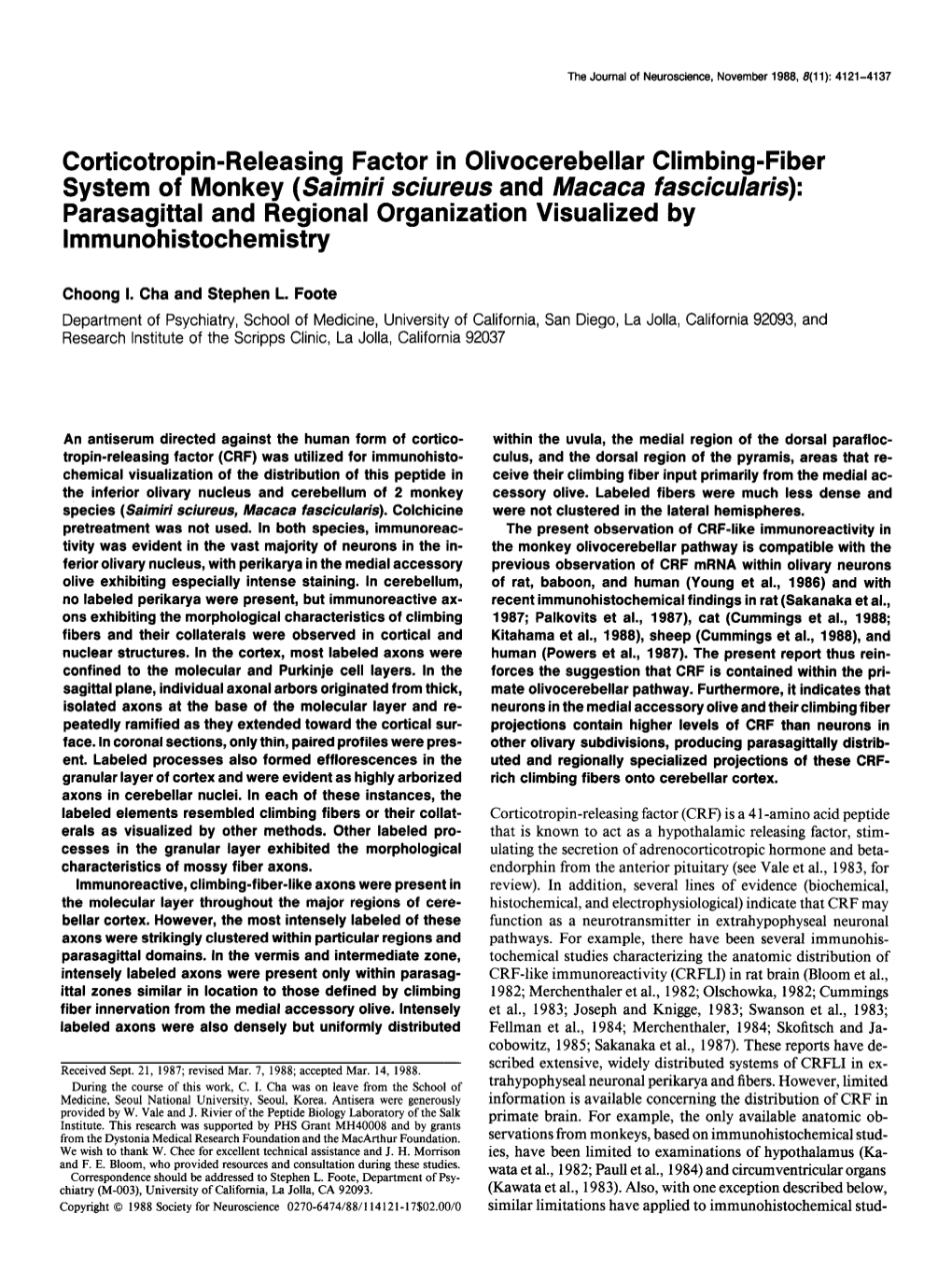 Saimiri Sciureus and Macaca Fascicularis): Parasagittal and Regional Organization Visualized by Lmmunohistochemistry