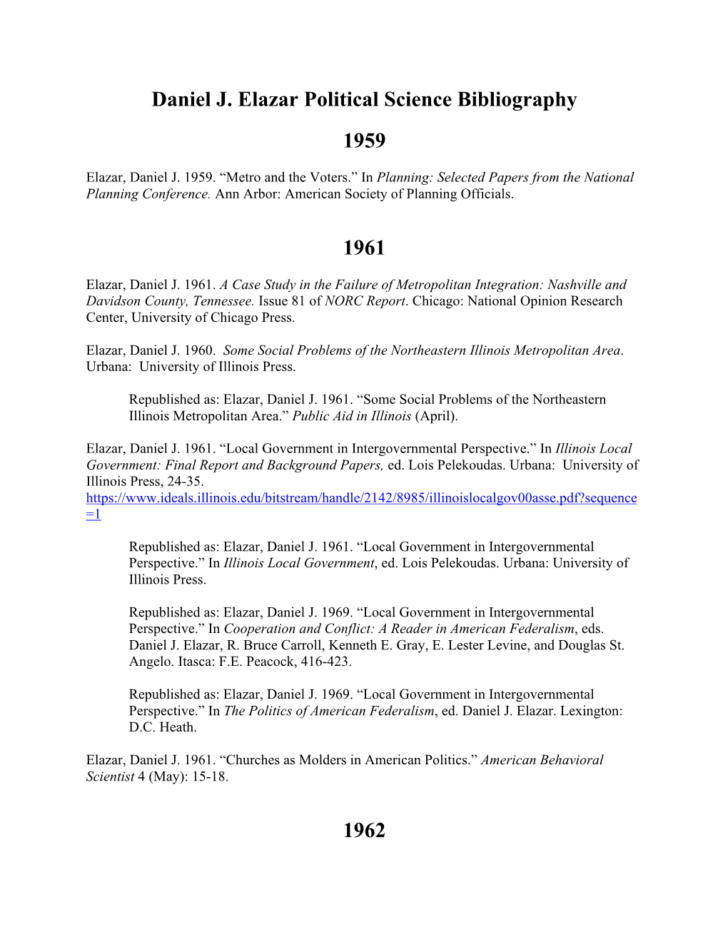 Daniel J. Elazar Complete Political Science Bibliography