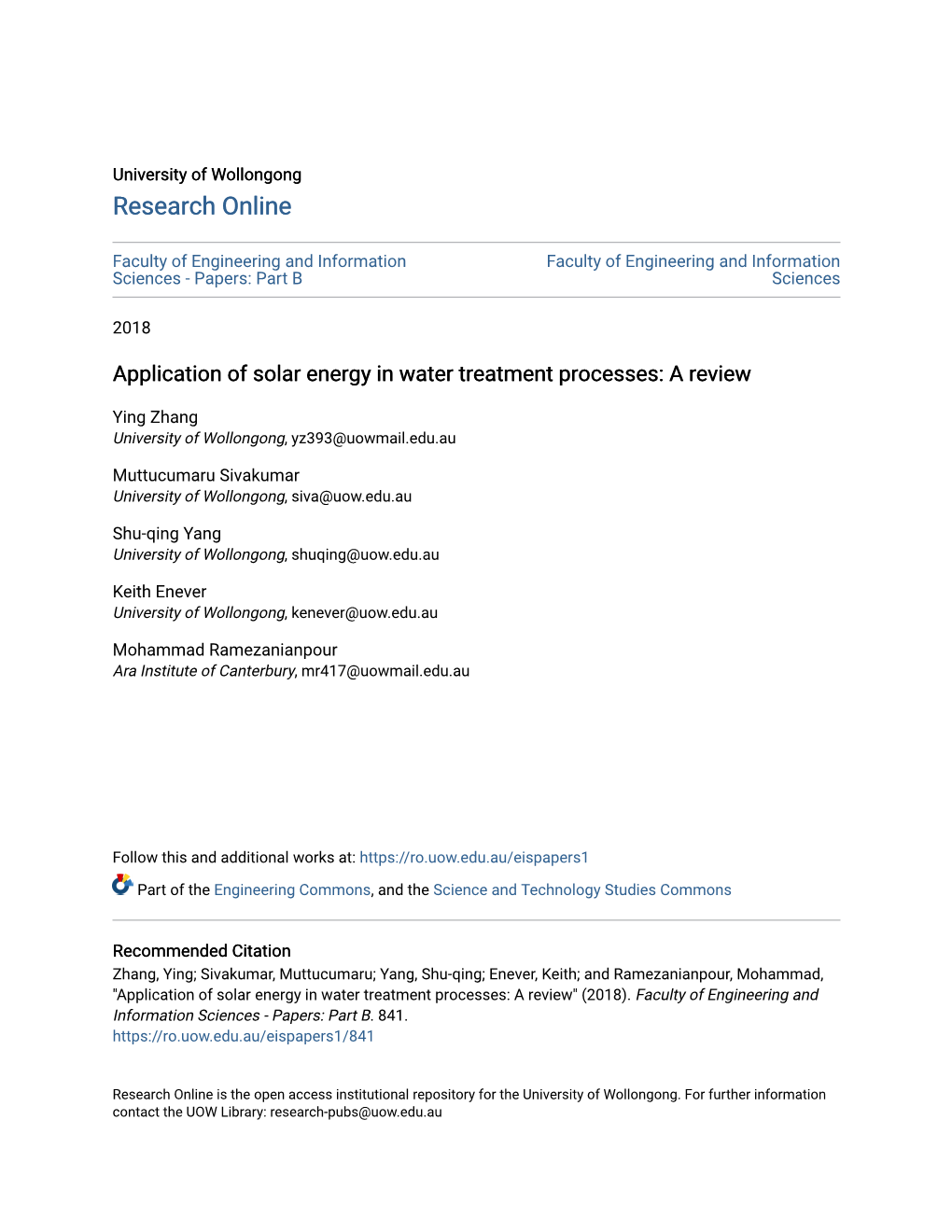 Application of Solar Energy in Water Treatment Processes: a Review