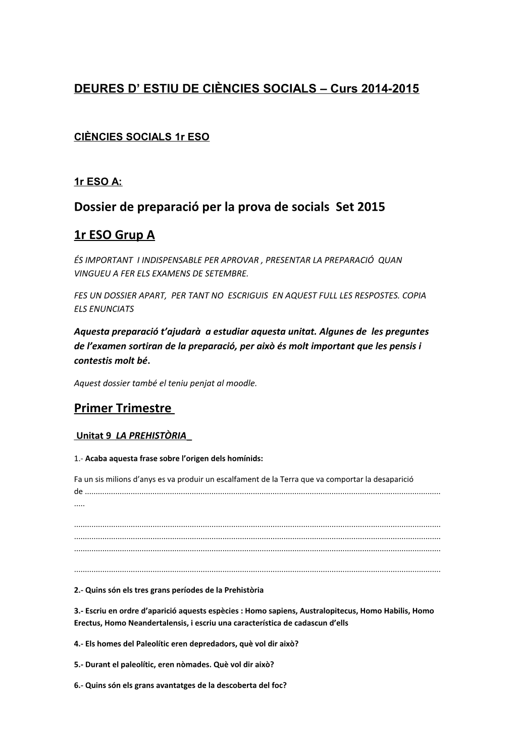 Dossier De Preparació Per La Prova De Socials Set 2015