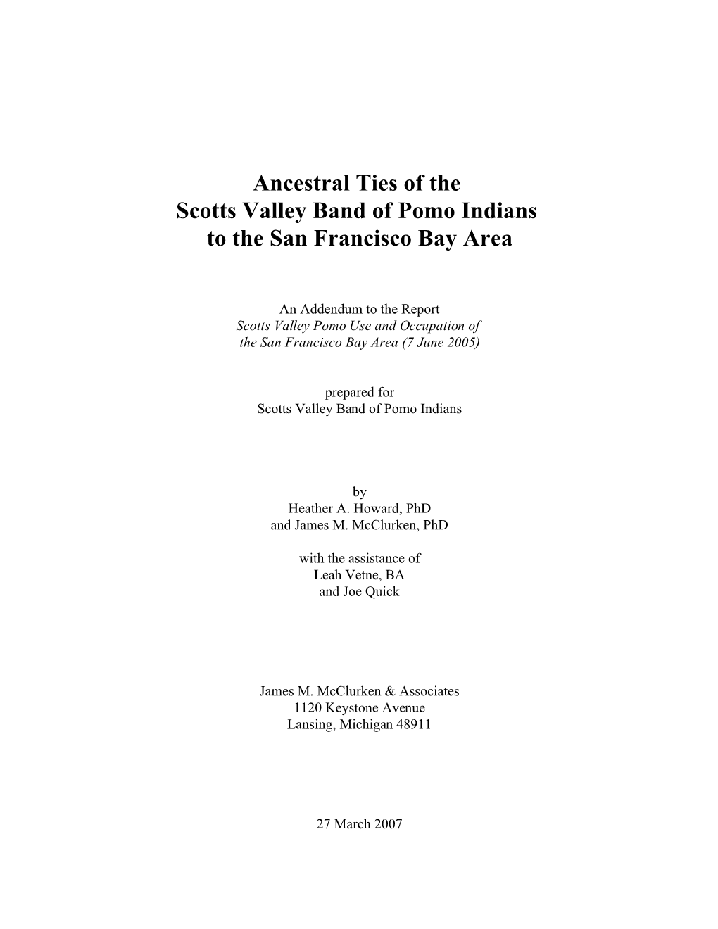 Ancestral Ties of the Scotts Valley Band of Pomo Indians to the San Francisco Bay Area