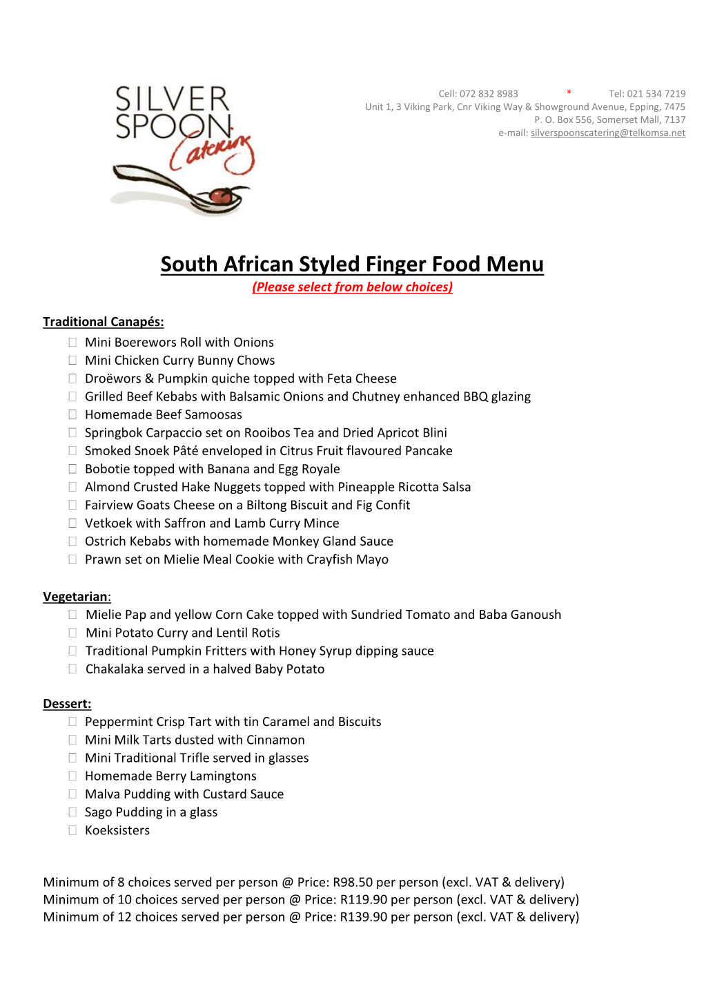 South African Styled Finger Food Menu (Please Select from Below Choices)